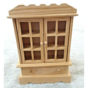 Vintage Dollhouse Miniature 5.5&quot;x 4&quot; Wood Hutch Cabinet 1:12 Hinge Doors Natural