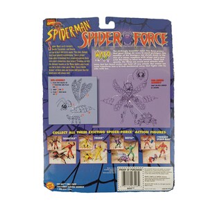 Pu&ograve; includere: Retro di una carta blu e nera con una action figure di Spider-Man di Wasp. La carta presenta un'immagine della action figure di Wasp e istruzioni su come assemblare la figura. La carta presenta anche altre action figure di Spider-Man, tra cui Tarantula, Swarm, Beetle e Cybersect Spider-Man.