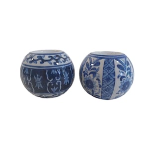Vtg Set of 2 Round Delft Blue 3&quot; Candle Holders Porcelain Oriental Hand Painted