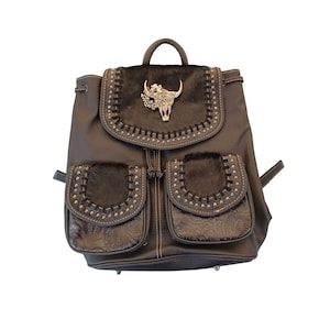 Trinity Ranch Leather Backpack Adjustable Straps 6 Pocket Western Bag Cowhide