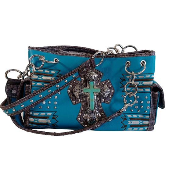 Conceal Carry Turquois 8 Pocket Womens Cross Handbag 13.5"x8"x4.5" Double Strap