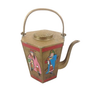 Vtg Solid Brass Etched Enameled Cloisonne 4.5&quot; Teapot Handle Lid 1 Cup Taiwan