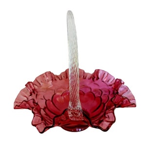 Vintage Fenton Handblown Glass Cranberry Basket Clear Handle Signed Ruffled 9&quot; x 8.5&quot;