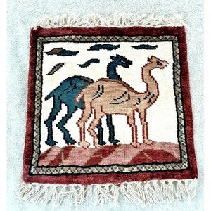 Vintage Handmade Dollhouse Size Woven Turkish Rug Fringed 12&quot; x 12&quot; Camels Mint