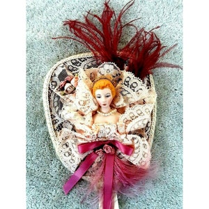Vintage 1960&#39;s Hand Decorated Plastic Mirror Porcelain Doll Victorian Style 11&quot;