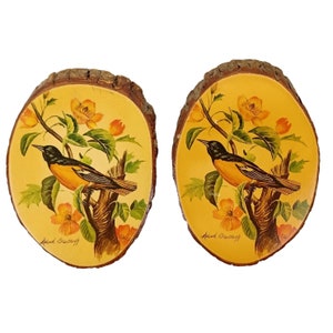 Ensemble de 2 tirages Oriole Bird des années 1950 laqués sur bois 8 « x6 » Accrochage mural des années 1950 Vtg