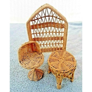 1990s Lot 3 Wicker Rattan Dollhouse Furniture Chair Table Screen Rustic 12&quot; Doll