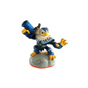 May include: A detailed figurine of a bird-like character with a blue and silver armored body, yellow talons, and a yellow beak. The character is holding a blue cannon and standing on a gray cloud base with an orange rim.