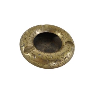 Vintage 4&quot; Handcrafted Brass Round Ashtray Etched Intricate Design Collectible
