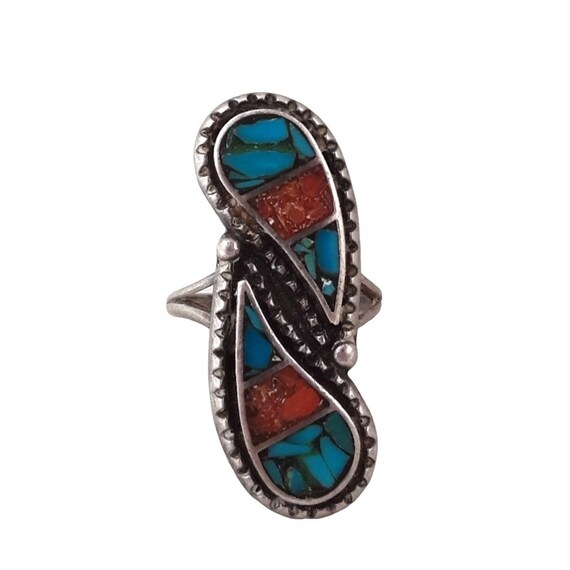Navajo Silver Blue Turquois Coral 1960s Ring Southwest Native Am Sz 7 Vtg View 2