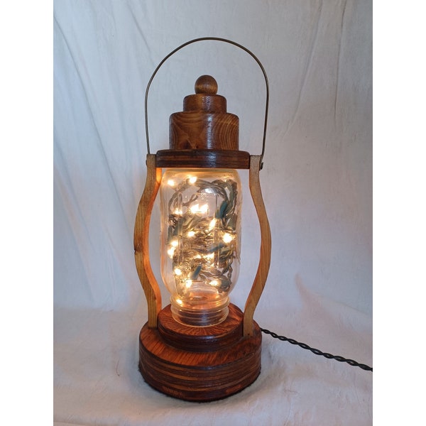 13.5" x 6" Handmade Wood Glass Canning Jar Lantern Wire Handle Vintage Works