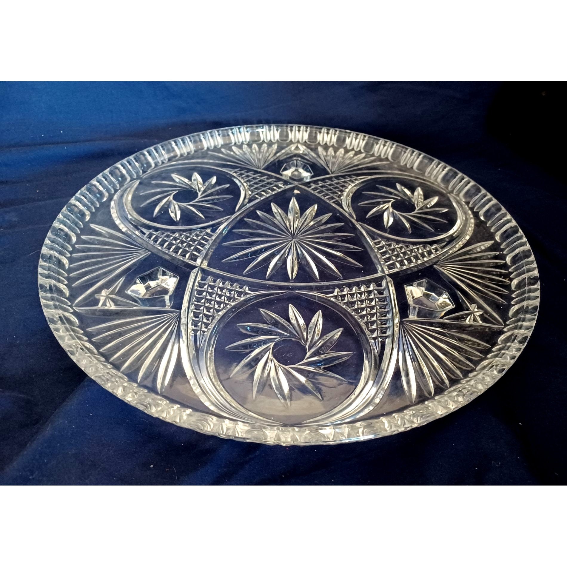 Footed Cake Plate 13" Vintage Cut Bohemia Czech Crystal Pinwheel Star Design 24 pbO
