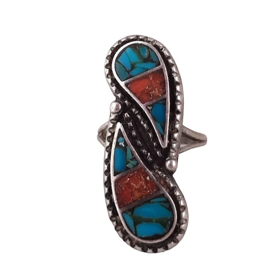 Navajo Silver Blue Turquois Coral 1960s Ring Southwest Native Am Sz 7 Vtg