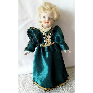 Vintage ~ Handmade 8&quot; Porcelain Doll ~ Long Blonde Hair Green Velvet Dress