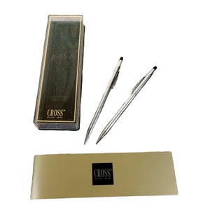 NIB New Cross Ink Pen Mechanical Pencil Set Vintage Chrome Hard Pastic Box