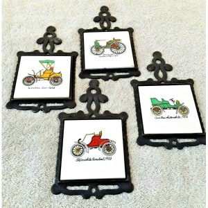 Vintage Antique Old Cars Lot of 4 Cast Iron Porcelain Tiles Trivets 6.5&quot; x3.75&quot;