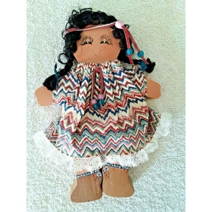 Vintage 9.5&quot; Hand Made Wooden Doll ~ Collectible Flora Dress Leather Headband