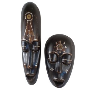Set of 2 Vintage Hand Carved Tribal Masks Inlaid Wood 19.5&quot; x 5.5&quot; & 13&quot; x 7.5&quot;