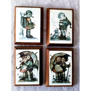 Vintage Antique Lot of 4 ~ Goebel Hummel Wood Wall Plaques ~ 5&quot; x 7.5&quot; ~Children