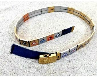 Vintage 35&quot; Boy Scout Belt 27 Metal Merit Badges Collectible Brass Buckle USA