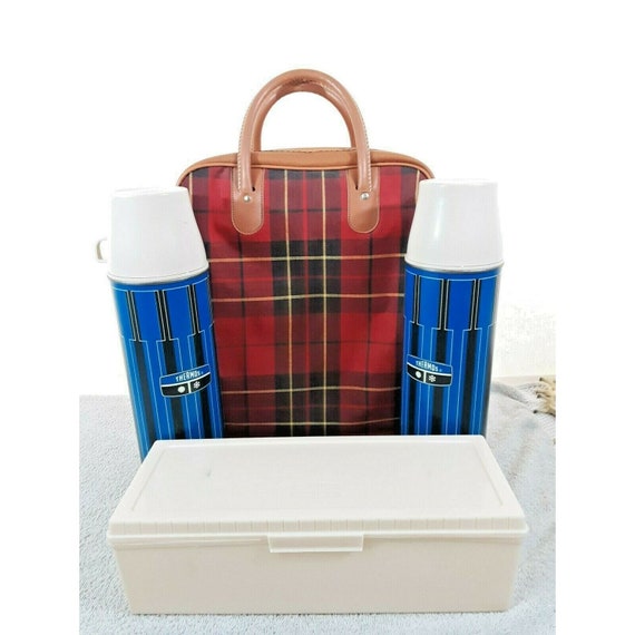 1971 Plaid Thermos Picnic Kit Zip Bag Sandwich Box 13.5 Blue Metal Thermos  X2 