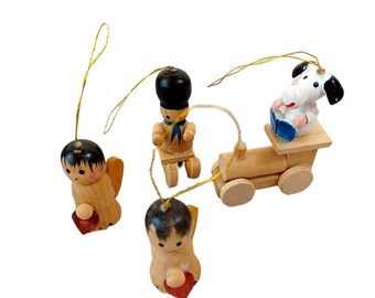 Lot of 4 Vintage 2" Wood Hand Painted Christmas Holiday Ornaments Miniatures