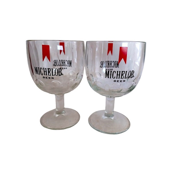 Vintage Set of 2 Michelob Stemmed Thumbprint 12oz Beer Bar Glasses Clear 6.25"