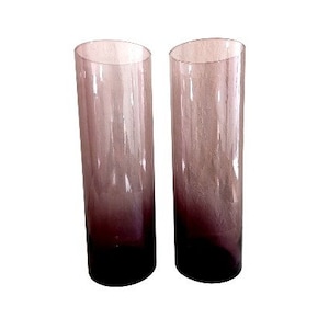 Set of 2 Tall 10.75&quot; Straight Sided Glass Purple Vases 3.5&quot; Diam Vintage 1990&#39;s