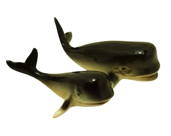 Set of 2 Miniature Whales Porcelain Ceramic Figurines 2&quot; & 3&quot; Long Vintage