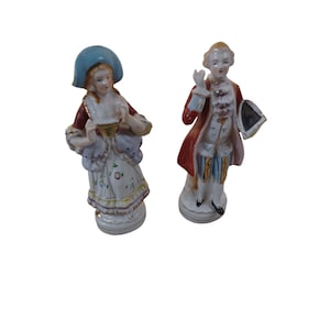 L&M Porcelain Colonial Victorian Figurines 1960&#39;s Vintage Gold Trim Hand Painted