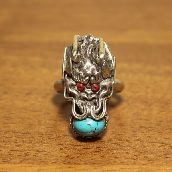 Nepalese silver dragon ring ,turquoise silver ring
