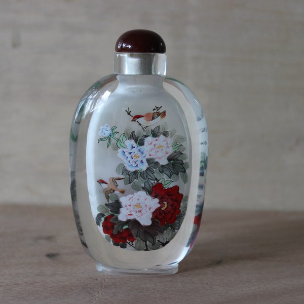 Botella de rapé de vidrio con pájaros y flores pintada a mano, botella de rapé china