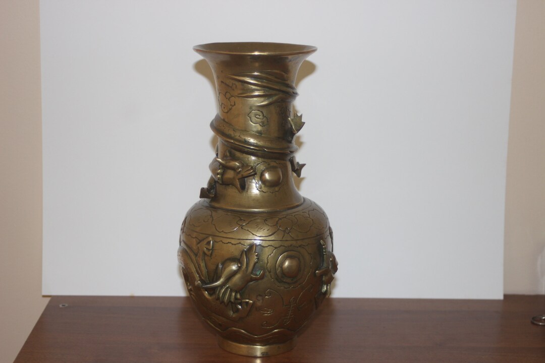 Chinese Brass Vase , Dragons Chasing the Pearl , Vantage Bronze Etsy