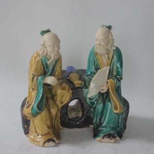 Figura di uomo di fango cinese d&#39;epoca fatta a mano / studioso in ceramica smaltata / bonsai