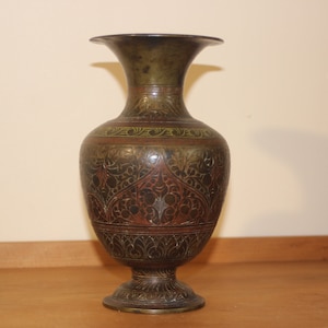 Davey made / Indian brass vase / engraved and enameled /English made?