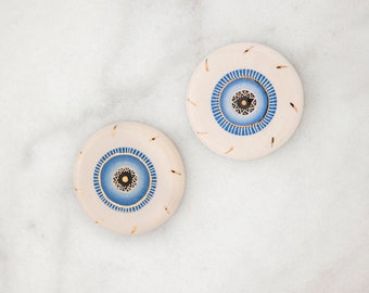 Set of 2 - Mini Size Handmade Ceramic Evil Eyes / BLUE / Wall Hanging