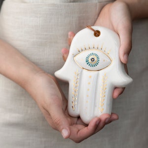 Handmade Ceramic HAMSA Hand of Fatima WHITE image 1