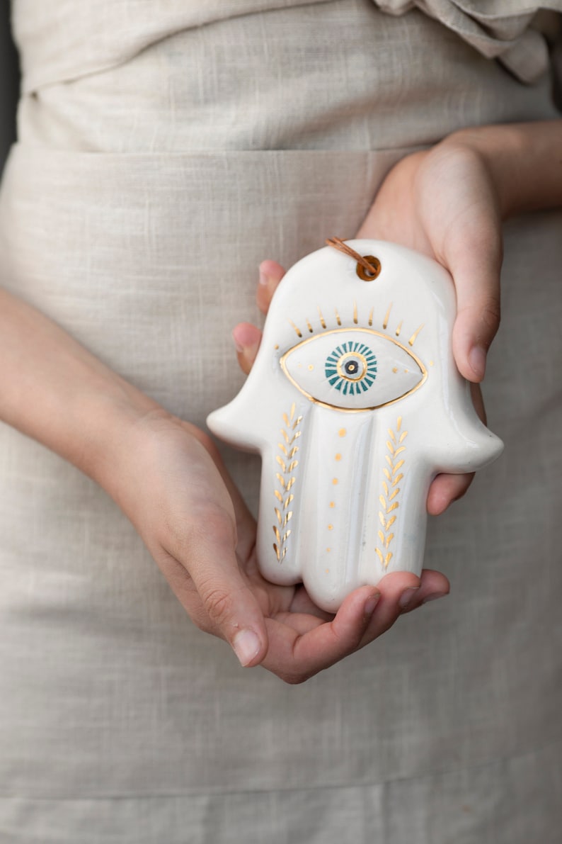 Handmade Ceramic HAMSA Hand of Fatima WHITE image 1