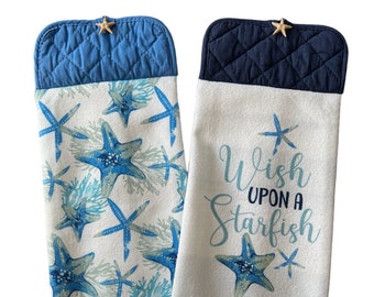 Starfish Hanging Kitchen Towels, Summer Double-sided Hanging Hand Towels, Potholder Towel with Button Closure, Oven Door Towels