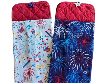 Fireworks Hanging Kitchen Towels, 4th of July Double-sided Hanging Hand Towels, Potholder Towels with Button Closure, Oven Door Towels