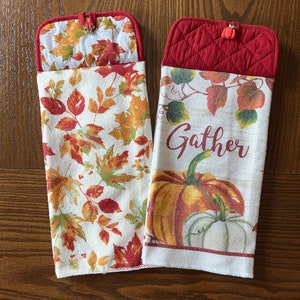 Fall Hanging Kitchen Towels, Pot Holder Towel with Button Closure, Autumn Kitchen Dish Towels with Hanger, Autumn Themed Kitchen Decor