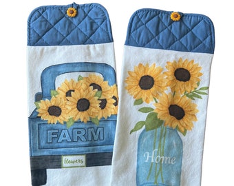 Sunflower Hanging Kitchen Towels, Summer Hanging Hand Towels, Potholder Towels with Button Closure, Oven Door Towels, Sunflower Kitchen