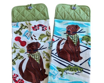 Lake Dog Hanging Kitchen Towels, Summer Double-sided Hanging Hand Towels, Potholder Hanging Towels with Button Closure, Oven Door Towels