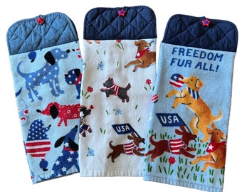 Patriotic Dog Hanging Kitchen Towels, Summer Double-sided Hanging Hand Towels, Potholder Towel with Button Closure, Oven Door Towels