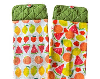 Summer Fruit Hanging Kitchen Towels, Double-sided Hanging Hand Towels, Pot Holder Top with Button Closure, Summer Kitchen, Oven Door Towels