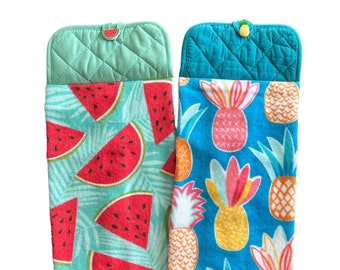 Pineapple and Watermelon Hanging Kitchen Towels, Summer Double-sided Hand Towels, Potholder Towel with Button Closure, Oven Door Towels