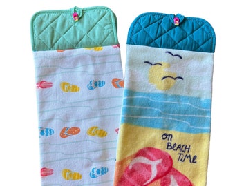 Beach and Flip Flops Hanging Kitchen Towels, Summer Double-sided Hanging Hand Towels, Potholder Towel with Button Closure, Oven Door Towels