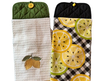 Lemon Hanging Kitchen Towels, Double-sided Hanging Hand Towels, Potholder Towel with Button Closure, Lemon Kitchen Decor, Oven Door Towels