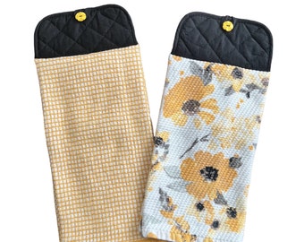 Yellow Floral and Waffle Weave Hanging Kitchen Towels,  Easter Double-sided Hand Towels, Pot Holder Top With Button Closure, Oven Door Towel