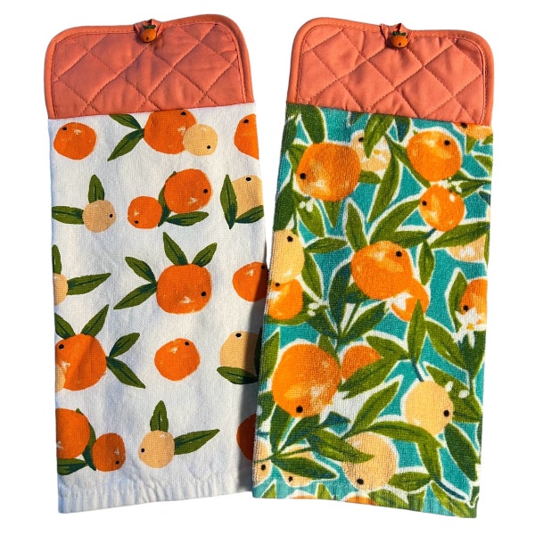 Citrus Hanging Kitchen Towels, Summer Double-sided Hand Towels,  Pot Holder Top with Button Closure, Citrus Kitchen Decor, Oven Door Towels